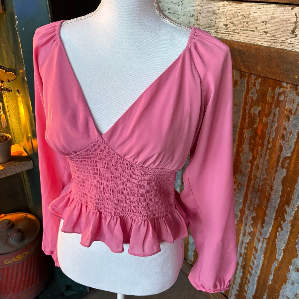 Wayf Pink V-Neck Blouse Size L, NWT